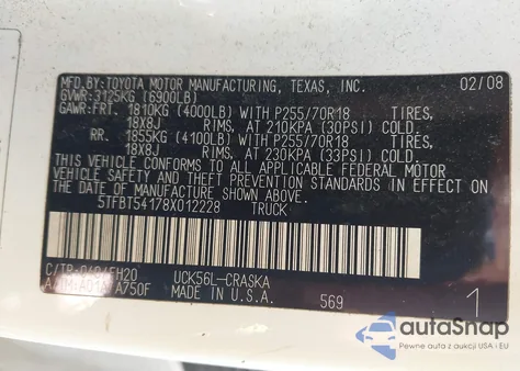2008 Toyota Tundra Base 4.7L V8 from USA, damaged, VIN 5TFBT54178X012228